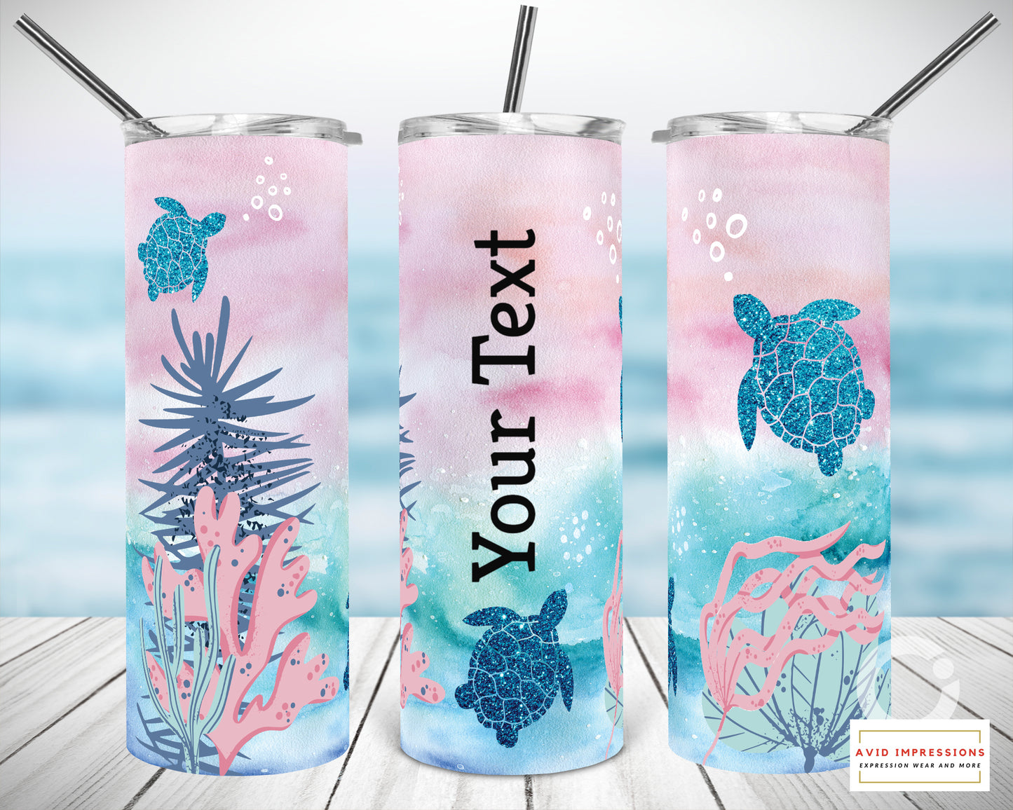 Watercolor Glitter Turtle Tumbler with Personalization